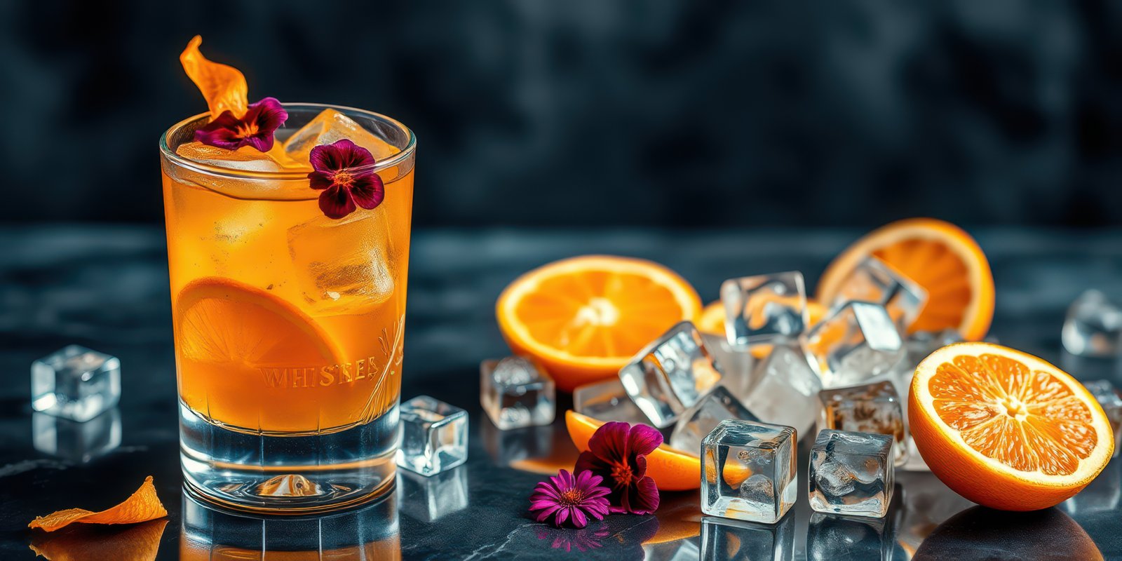 Vibrant orange cocktail garnished with flowers and served with ice and citrus slices on a dark table